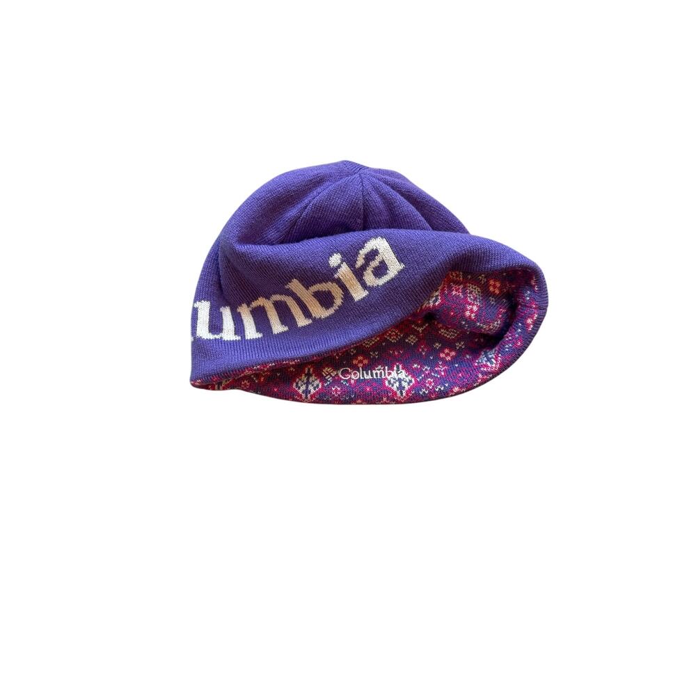 Columbia Reversible Beanie Purple Pink Fair Isle Logo Winter Ski Hat